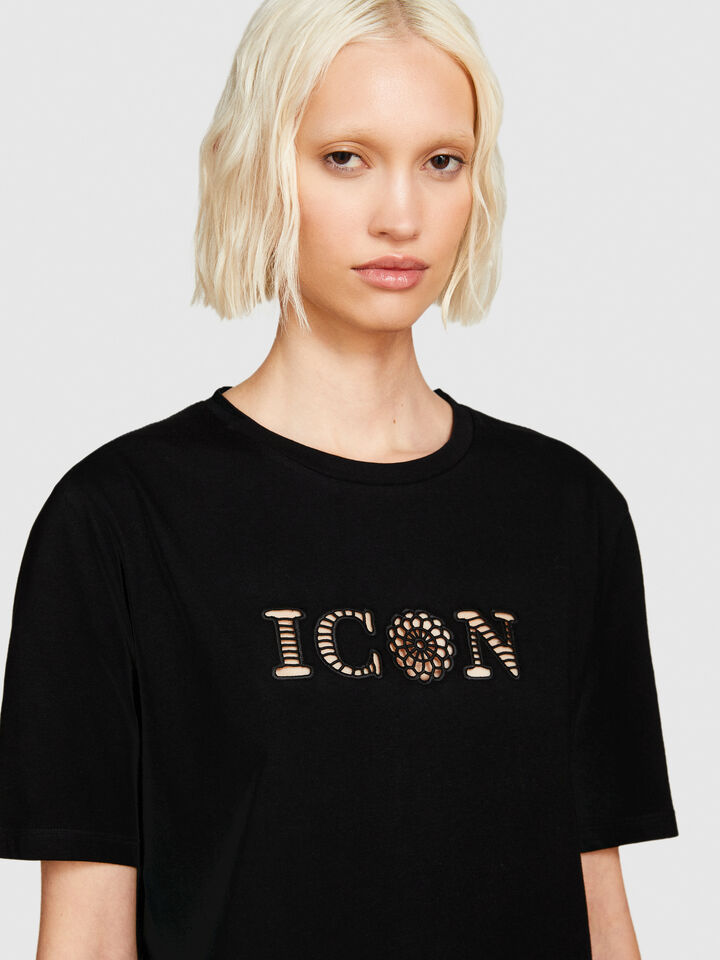 T-shirt with embroidery - women's short sleeve t-shirts - Black | Sisley image number 5